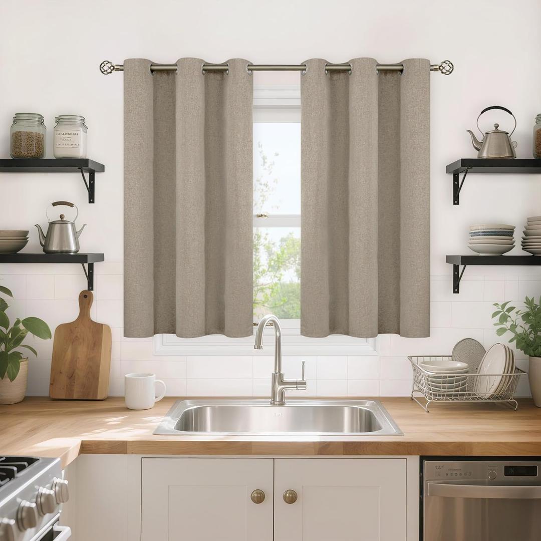 YoungsTex Burlap Taupe Linen Blackout Kitchen Curtains 40 Inch Length, Short Thermal Insulated Drapes with Grommet Darkening Privacy for Bedroom Window, 2 Panels, 42 X 40 Inch