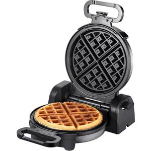 Reemix Waffle Maker, ​180° Rotating Belgian Waffle Maker Round Classic Belgian 4-Piece, Evenly Baked | Non-Stick | Fast Preheat​​, Black+Silver