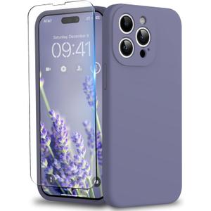 Compatible with iPhone 15 Pro Case, Liquid Silicone Upgraded Camera Protection Case with Screen Protector Soft Microfiber Lining Shockproof Protective Phone Cover 6.1", Lavender Gray
