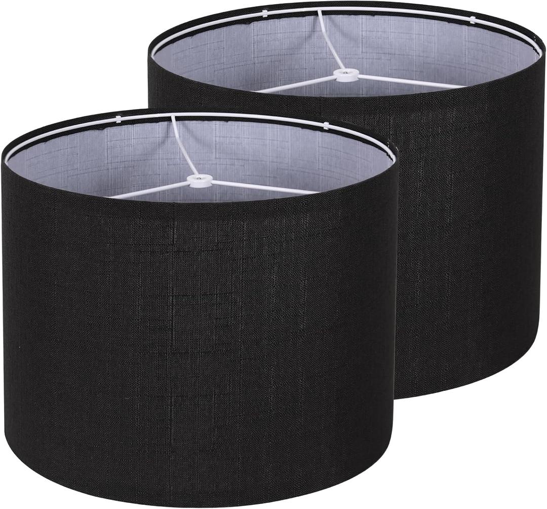 Drum Lampshade Set of 2, Lamp Shades for Table Lamps Floor Lamp, 13" Top X 13" Bottom X 10" High Black Large Line Fabric Lamp Shades, Easy Assembly Replacement Lampshades