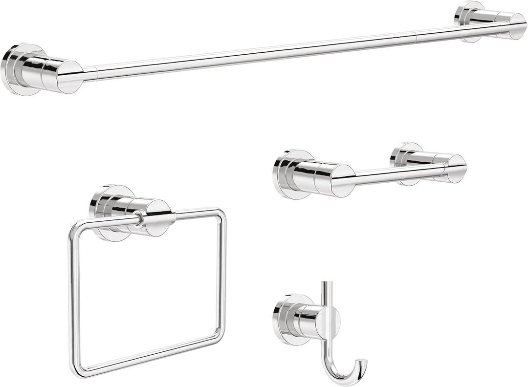 Delta 4-Piece Polished Chrome Bathroom Set Towel Rack, Ring, Toilet Paper Holder, Hook | Nicoli Bath Accessories
