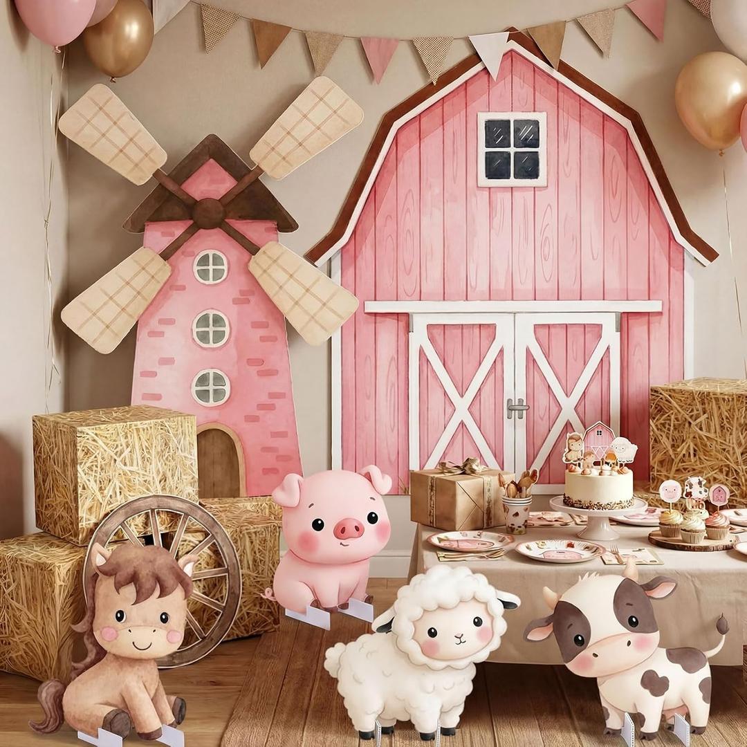 Leinuosen Large Farm Animal Backdrop Party Decorations Pink Barn and Windmill Photo Backgrounds with Farm Animal Stand-ups, Straw Boxes for Girls Boys Birthday Photography Baby Shower Party Decor
