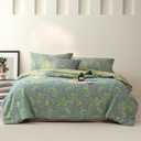 100% Cotton Muslin Jacquard Comforter Set, Botanical Floral Plants Print, Soft Lightweight Reversible 3 Piece Bedding Sets for All Season, Green Yellow, Full/Queen(90"x90")