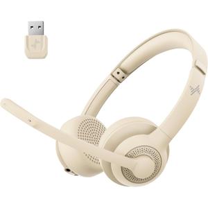 JIAMQISHI Wireless Headset with AI Noise Cancelling Microphone Bluetooth Headset - Bluetooth V5.2 Headphones with USB Dongle & Mic Mute for Computer/Laptop/PC/iPhone/Android/Cell Phones/Zoom-Apricot