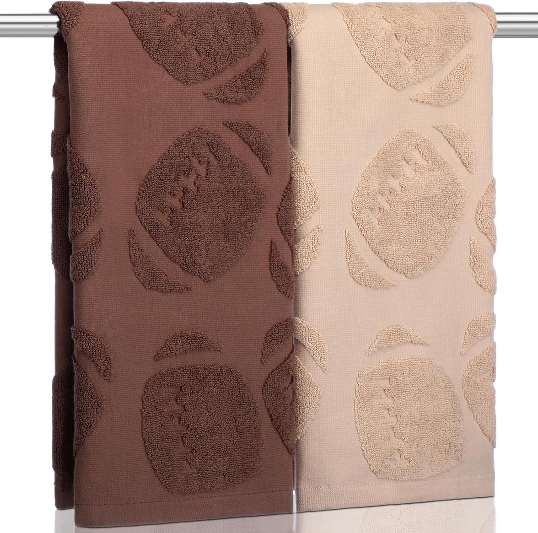 2 Pcs Football Hand Towels for Bathroom Cotton Absorbent Football Jacquard Weave Bath Towel Rugby Decorative Washcloths for Hand Drying Cleaning Cooking, 14 x 29 Inch (Dark Coffee, Light Coffee)