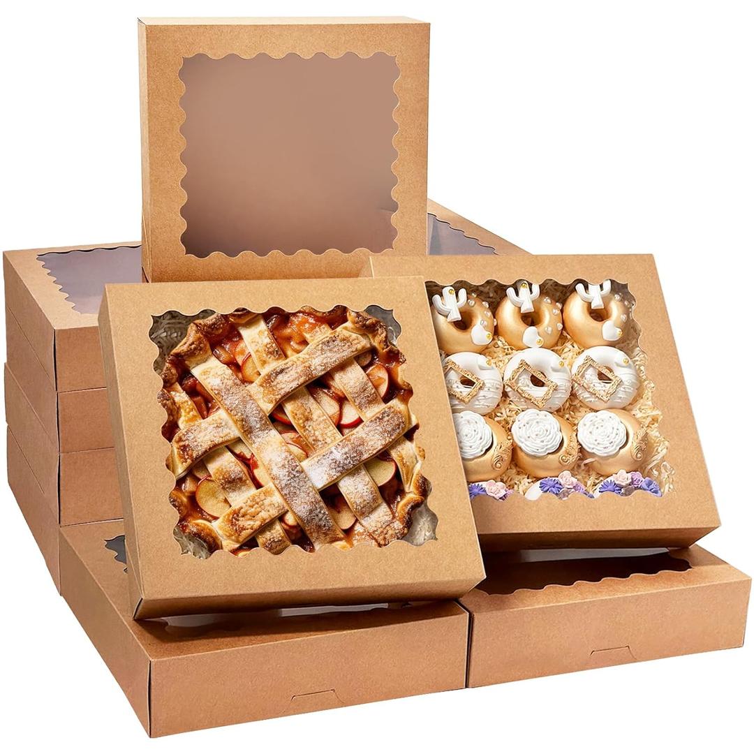 Bakepacker 20pcs Brown Pie Boxes 12x12x3 inches Easy Assemble Macaroon Cookie Boxes Bakery Boxes with Window for Bakery (Auto-pop Up)