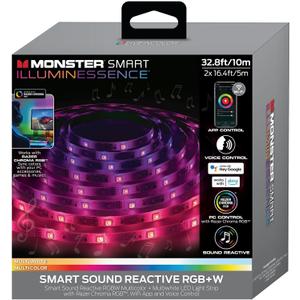 Monster 32.8ft Sound Reactive RGB+W Light Strip, Smart Multi-Color + Multiwhite, Indoor Use, App & Voice Control, Xtreme Easy Assembly