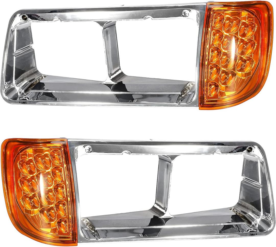 Partsam Pair Headlight Bezel with Amber LED Turn Signal Light 3 Wire Compatible With 1989-2002 Freightliner FLD Truck Replacement For A06-20738-000 A06-20738-001
