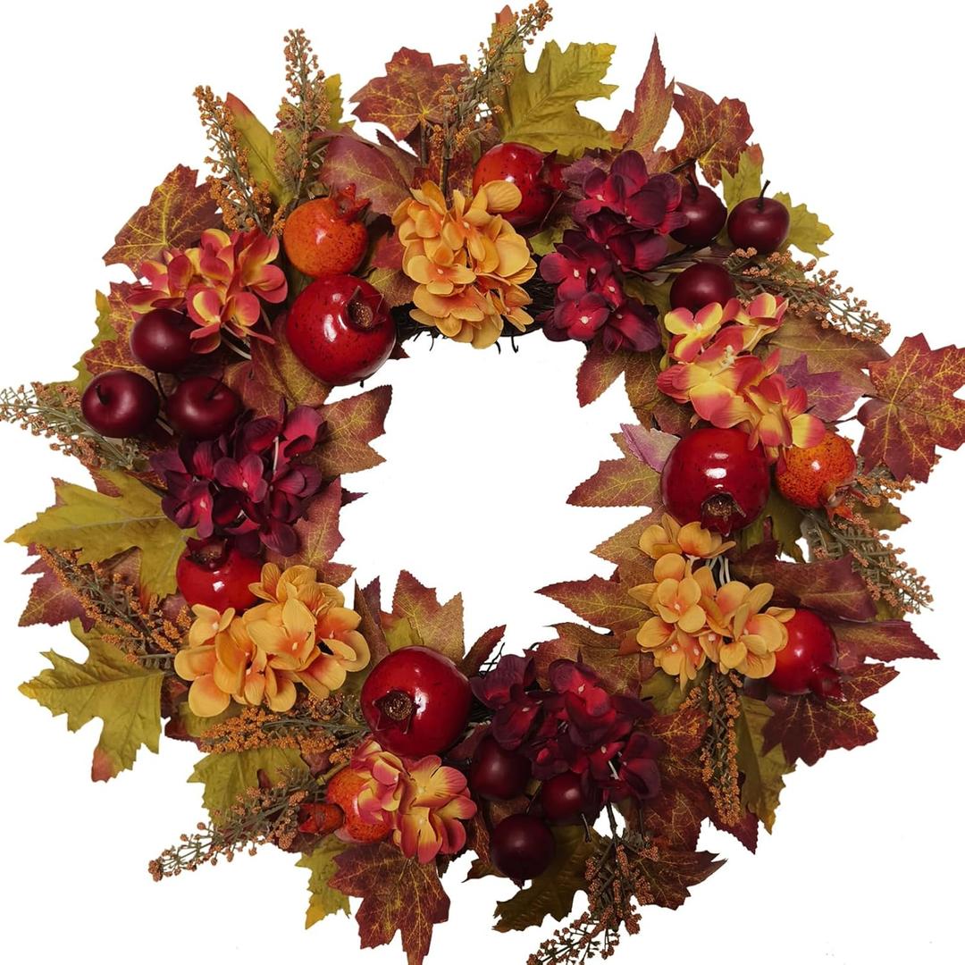 20 Inch Autumn Wreaths for Front Door Fall Wreaths for Thanksgiving & Halloween & Harvest Festival Indoor/Outdoor Fall Decorations with Apples Pomegranates Maple Leaves (Yellow&red)