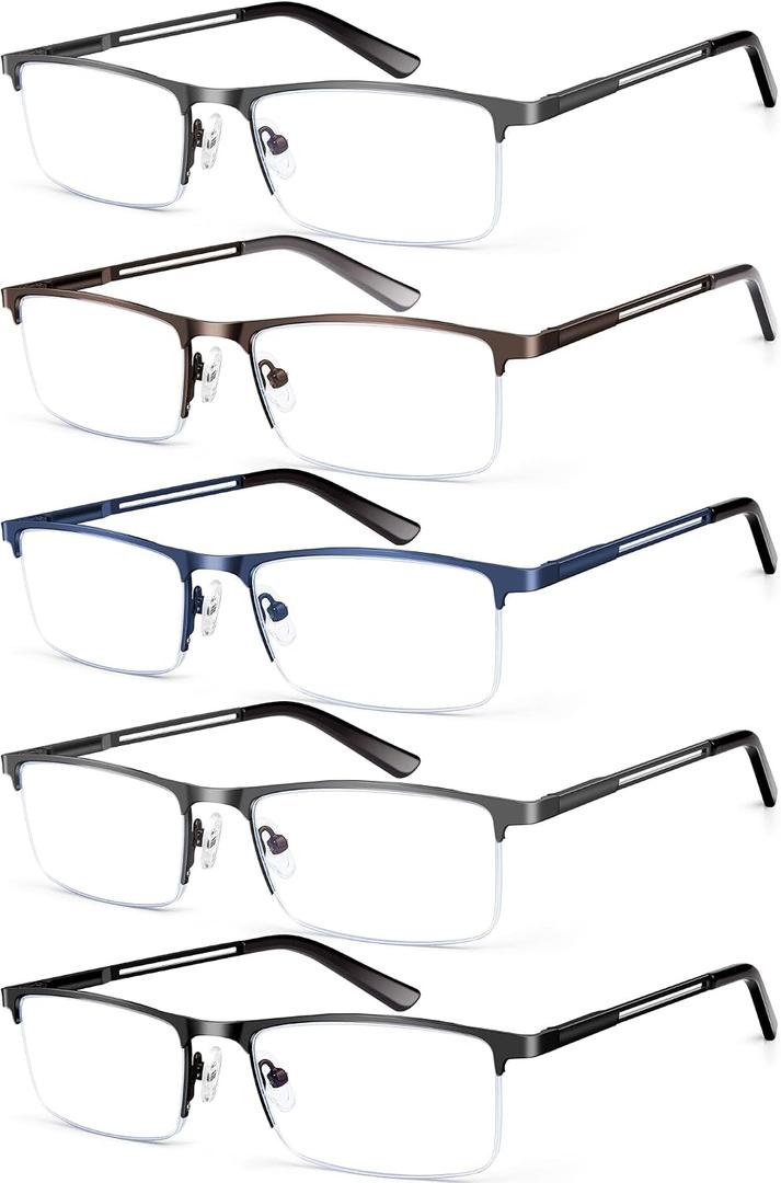 KONHAGO Blue Light Blocking Reading Glasses for Men, Half Frame Metal Readers Spring Hinge Eyeglasses Anti Eyestrain/Glare/UV
