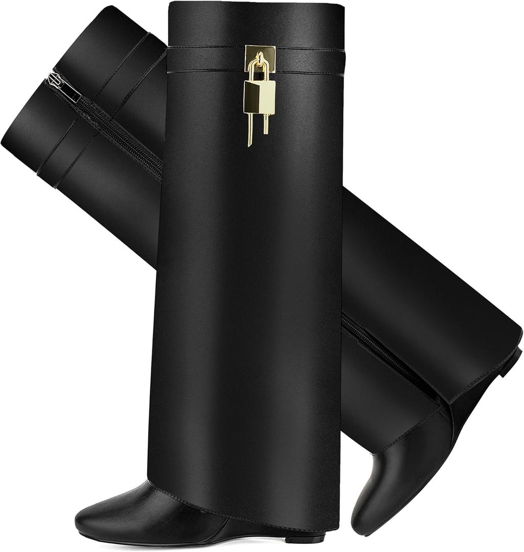 Fold Over Boots for Women Pointy Pull-on Wedge Heel Knee Shark Boot With Side Zipper Padlock Design (8, Black)