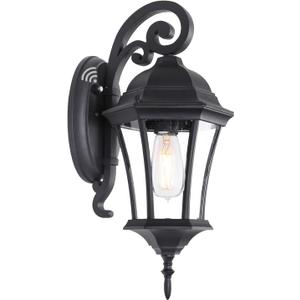 Dusk to Dawn Wall Light for Porch, Black Exterior Door Wall Lantern with Photocell Sensor, Large Outside Wall Sconce with Clear Seeded Glass