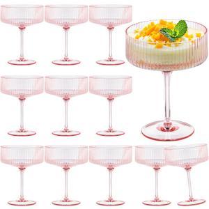 12 Pieces Martini Glasses 10.5oz Plasitc Ribbed Coupe Glasses Champagne Shatterproof Acrylic Vintage Cocktail Glassware Margarita Wine Glasses Disposable Cups for Parties Wedding Anniversary Bar Pink