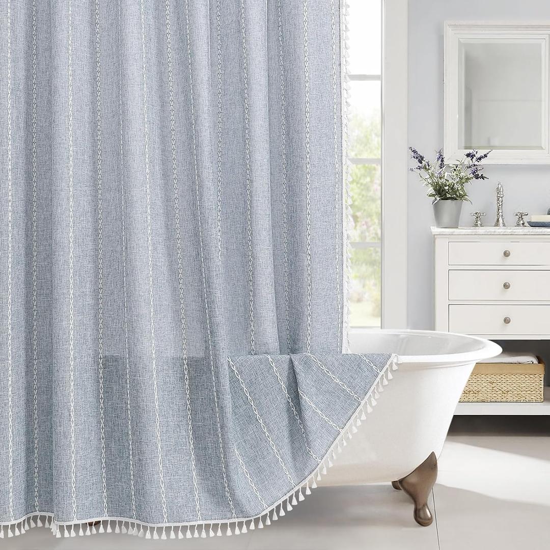 MitoVilla Boho Extra Long Shower Curtain 72 x 96, Blue Modern Farmhouse 96 inch XL Polyester Linen Texture Tassel Fabric Shower Curtain Set with Hooks for Cottagecore Country Bathroom Decor,Blue