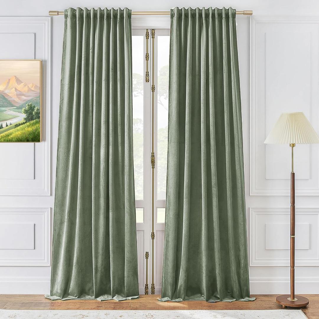 Timeper Sage Green Pleat Back Tab Velvet Curtains W52 x L84 inches 2 Panels, Room Darkening Solid Home Decor Curtains for Bedroom Living Dining Room Thermal Insulated Luxury Super Soft Window Drapes