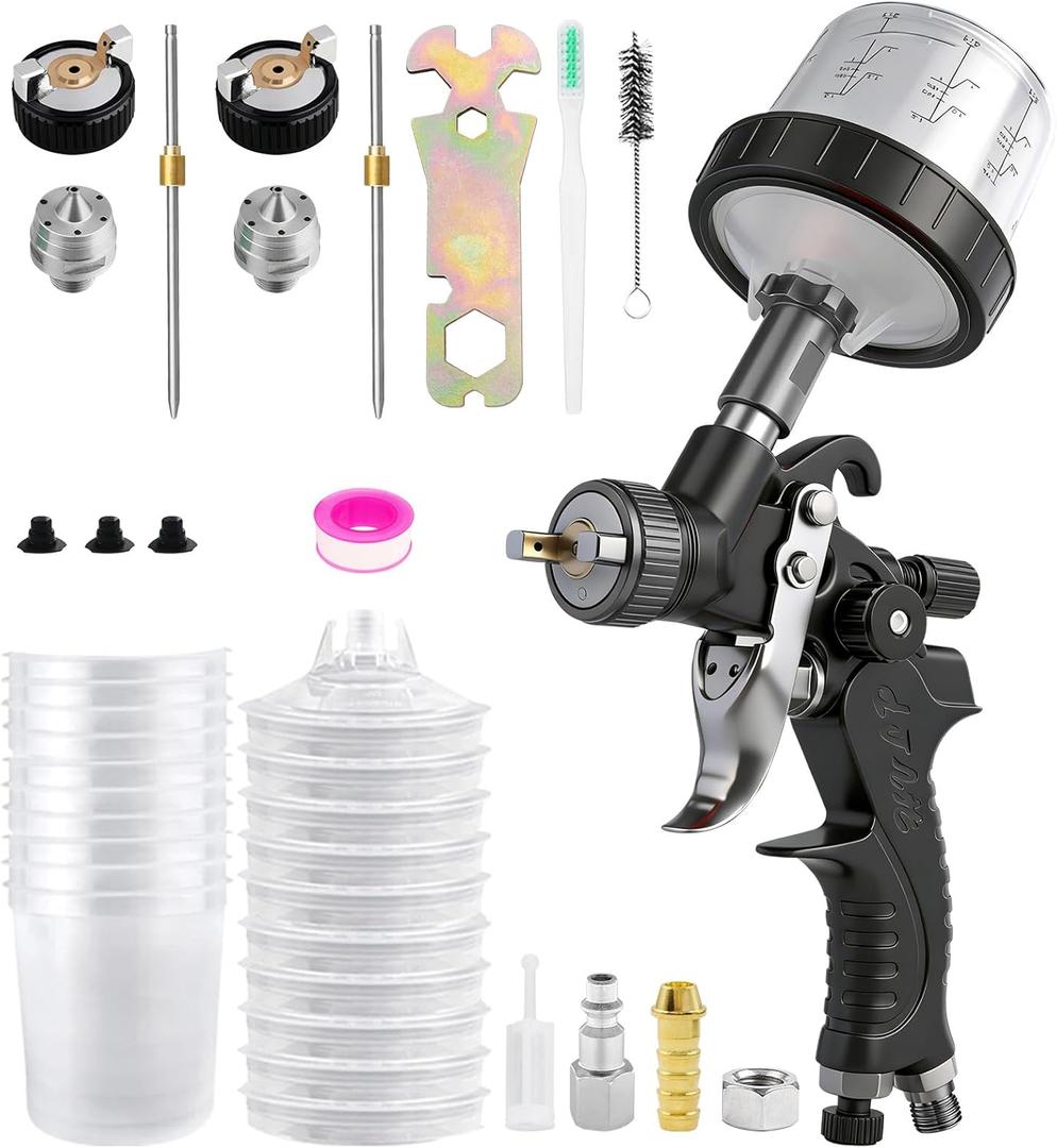 Mini HVLP Spray Gun with 0.8/1.0 mm Nozzles and 10x 200ML Disposable Paint Cups, Automotive Paint Gun Touch UP Paint Sprayer Gun, Air Paints Gun for Auto Paint, Primer, Repair Detail (Black)