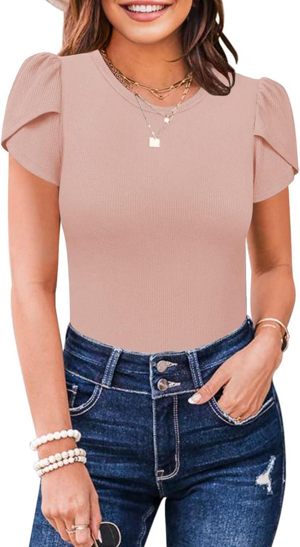 MISSJOY Womens Summer Short Sleeve Bodysuits Crew Neck Ribbed Petal Sleeve Stretchy Slim Fit Leotards Tops (Large, Pink)