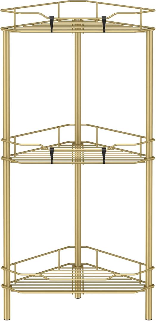 HuggieGems 3 Tier Floor Standing Corner Shower Caddy Organizer Shelf with Hooks, Bathroom Shelves Stand Rack, Gold