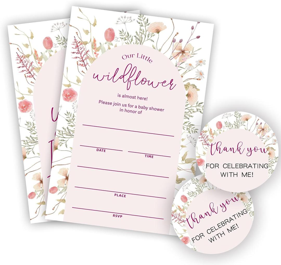 4 x Baby Shower Invitations - Our Little Wildflower Is Almost Here, 20 Fill In Watercolor Floral Invites With Envelopes And Stickers For Girl Boy, Gender Reveal Games, Party Favors And Supplies - A07