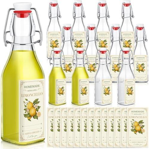 Havawish 6 Sets Limoncello Swing Top Glass Bottles for Homemade 8 oz Flip Clear Top Lemoncello Bottles with Labels Stoppers for Home Brewing Gifts Wedding Housewarming Party Favors(Square)