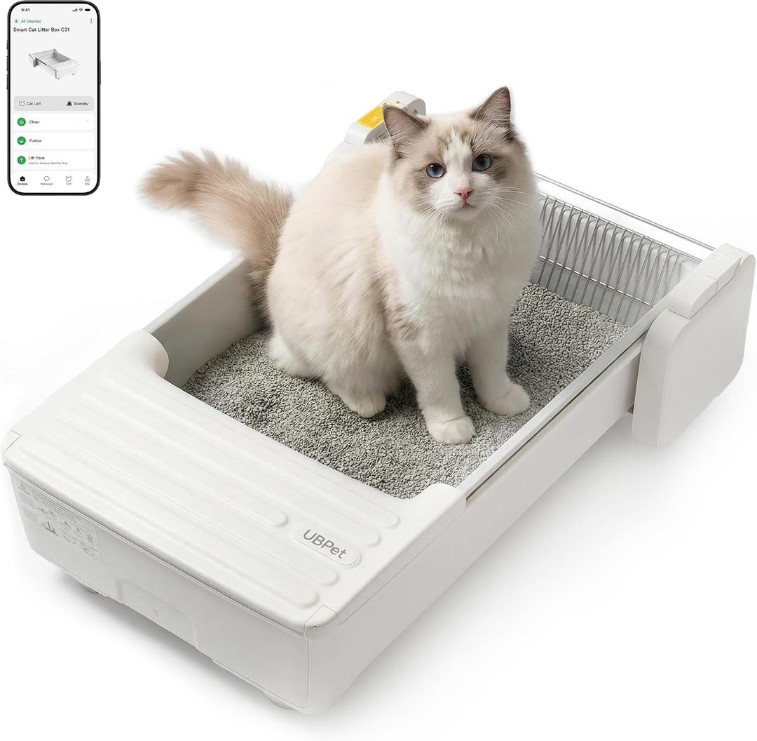 UBPET Self Cleaning Cat Litter Box, Open-Top Automatic Litter Box for Multiple Cats, Weight Sensors Safety Protection, Smart APP Control, Odor-Free Waste Disposal, Works with Bentonite Mineral Litter