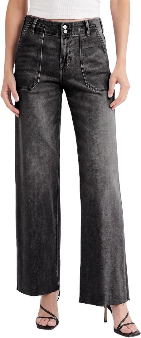EMMIOL Baggy Straight Leg Jeans Women, Mid-High Rise Denim Pants, Y2K Vintage Distressed Stretchy Loose Fit with Large Pocket，Boyfriend Wide Leg Trousers Casual, Black 1 (S)
