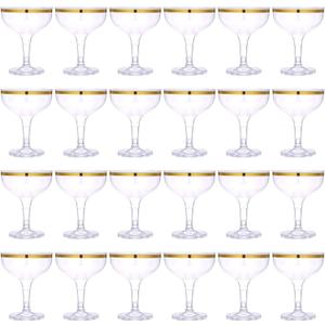 24 Pcs Champagne Tower Glasses Set, 5 oz Plastic Champagne Coupe Glasses With Gold Rim, Stackable & Shatterproof Disposable Stem Margarita for Wedding Birthday Party Bar (Clear, Gold Rim)