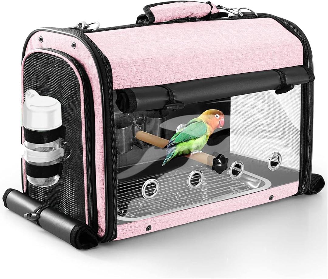 Bird Carrier Bag Bird Travel Cage with Stand, Lightweight Backpack for Parrot, Portable Bird Travel Bag, Pet Transparent Breathable Travel Cage, Pink (Large)