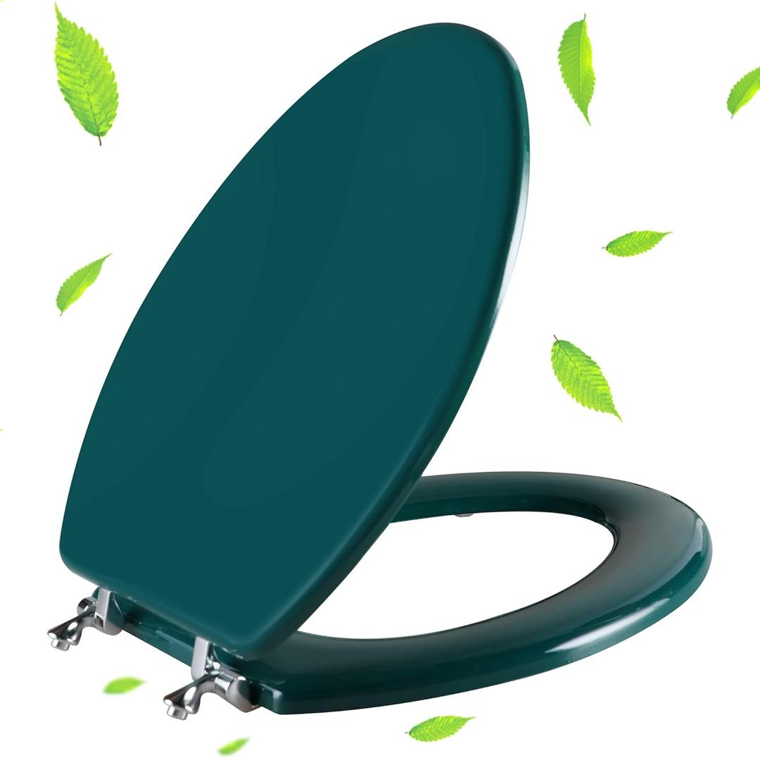 Dark Green Elongated Toilet Seat Natural Wood Toilet Seat with Zinc Alloy Hinges, Easy to Install also Easy to Clean, Scratch Resistant Toilet Seat by Angol Shiold (Elongated, Dark Green)