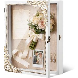 11x14 Shadow Box Frame - Vintage Gold & White Wood Display Case with Metal Latch & Real Glass - Large Memory Box Shadowbox for Wedding, Graduation, DIY - Pet Memorial & Loved One Remembrance
