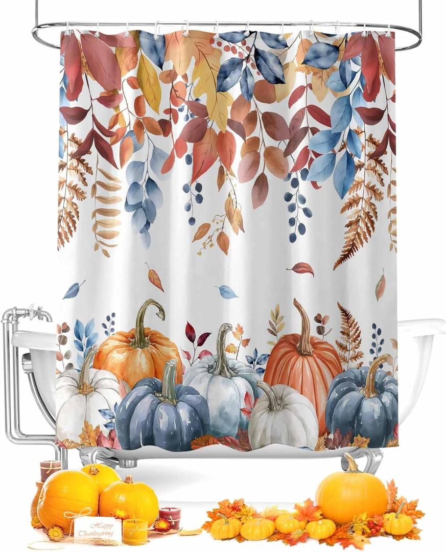Fall Thanksgiving Shower Curtain Watercolor Autumn Pumpkins Eucalyptus Leaves Waterproof Shower Curtain with Hooks Blue Orange Shower Curtains for Bathroom, Hotel, Stalls, Bathtubs, 72x72 Inch