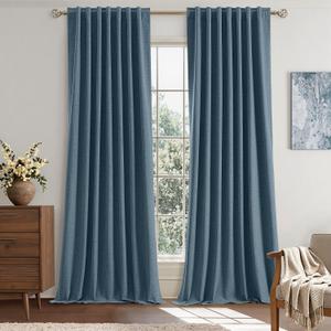 EMEMA Dusty Blue Linen Blackout Curtains 90 inch Length 2 Panels for Bedroom Living Room Thermal Insulated 100% Black Out Linen Drapes Room Darkening Curtains Luxury Decor for Window, 52 x 90 Inch