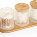 eggs sound 3 Pack Qtip Holder - Bathroom Organizers and Storage, Cotton Round Pad Holder Floss Pick Cotton Ball Holder with Tray, Glass Apothecary Jars with Lids, -clear y D