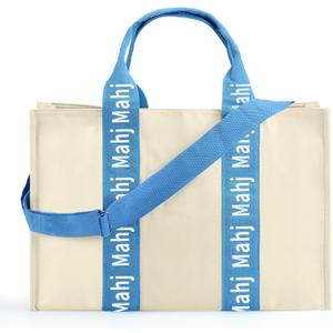 Empty Mahjong Bag for Tiles 22x15x6 Inches Thickened Canvas Mahjong Carrying Tote Bag with Lining and Thicker Handle for Enthusiasts Women or Men Party Supplies, Case Only(White and Light Blue)