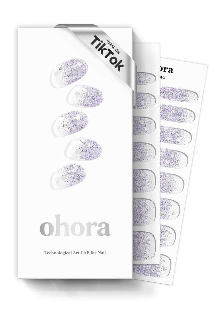 ohora Semi Cured Gel Nail Strips (N Shooting Star) - Purple, Glitter, Works with Any UV/LED Lamps, Salon-Quality, Long Lasting, Easy to Apply & Remove - Includes 2 Prep Pads, Nail File & Wooden Stick