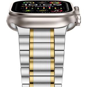 Anlinser Metal Bands Compatible with Apple Watch Band 49mm 46mm 45mm 44mm 42mm Women Men, Five-link Stainless Steel Strap for iWatch Ultra 3/2/1 SE Series 11 10 9 8 7 6-1 (Silver-Gold)