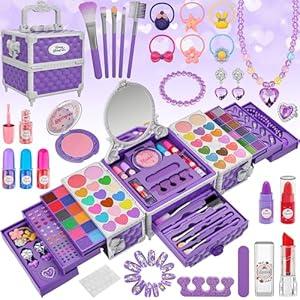 99 Pcs Kids Makeup Kit for Girls, Princess Toys Real Washable Cosmetics Set with Mirror, Hair Ties, Nails, Rings, Earrings, Necklace, Perfect for 3 4 5 6 7 8 Year Old Girls Birthday