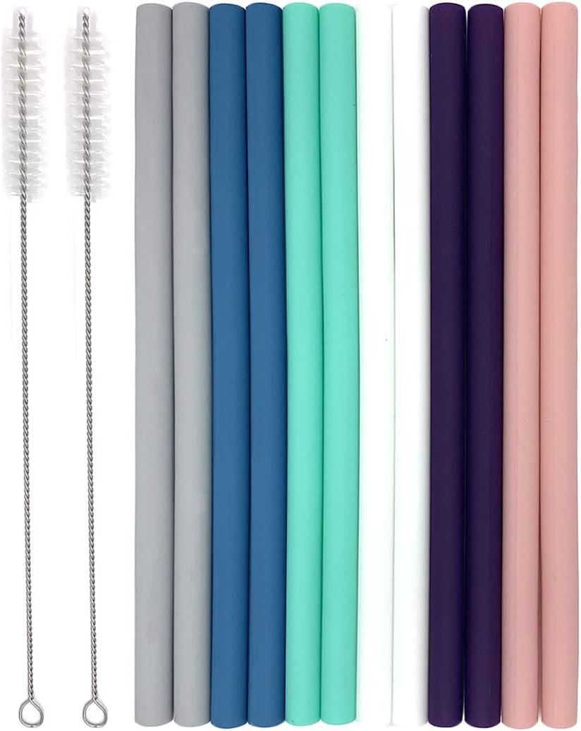 Senneny Set of 12 Silicone Drinking Straws for 30oz and 20oz - Reusable Silicone Straws BPA Free Extra Long with Cleaning Brushes- 12 Straight- 8mm diameter