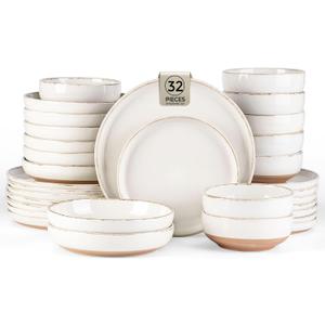 AmorArc Ceramic Dinnerware Sets with Pasta Bowls for 8, Handpainted Plates and Bowls Set with Rustic Terracotta Underside, Scratch Resistant Dishes Set, Dishwasher & Microwave Safe, 32 Pcs