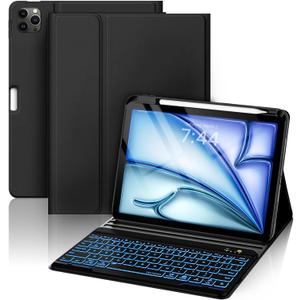 Compatible with iPad Air 11 inch M2/ 10.9'' Air 5th 4th/ Pro 11 4th/3rd/2nd/1st Gen Case with Keyboard - 7-Color Backlit Wireless Detachable Folio Cover with Pencil Holder for iPad Air 6/5/4 - Black (Classic style)