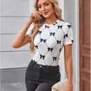 WDIRARA Women's Bow Print Short Sleeve T Shirts Crew Neck Tee Going Out Fitted Tops (White, L)