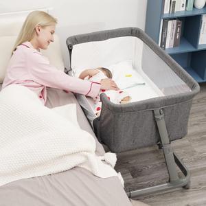 Pamo babe Baby Bassinet Bedside Sleeper for Newborn Bed Crib with Breathable Mesh Sides Co-Sleeping Bedside Crib for Infant Breastfeeding with Height-Adjustable and Wheels, Z-Type Stable Frame (Grey)
