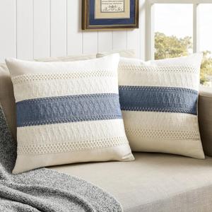 ZeeMart 2 Packs Cotton Boho Throw Pillow Covers 20x20 Inch Contrast Blue, Soft Farmhouse Decorative Couch Pillow Cases Blue Cushion Covers for Sofa Bed Living Room Home Decor