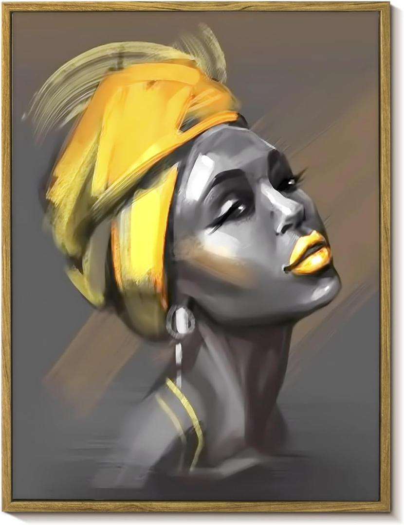 LB Black Girl African American Framed Wall Art for Living Room Beauty Yellow Hair Black Woman Canvas Wall Art Abstract Wall Decor for Bedroom Office Bathroom Ready to Hanging 12x17 Inch (17L" x 12W", Grey)