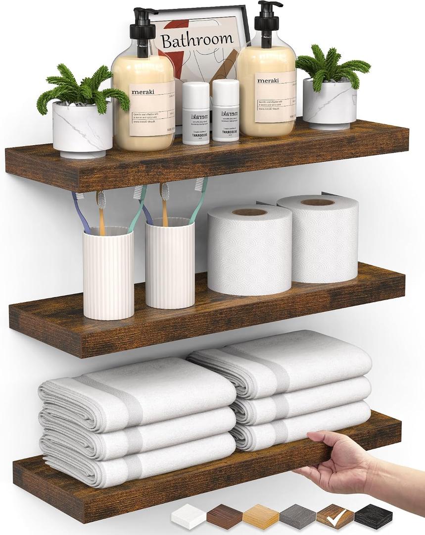 BAYKA Bathroom Floating Shelves for Wall Set of 3 - Rustic Brown Farmhouse Wood Shelves Over Toilet for Bedroom, Kitchen, or Living Room Decor Display, Storage for Plants, Toilet Paper or Bath Towels