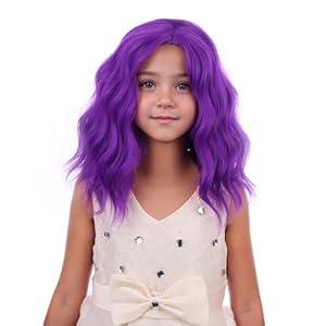 PATTNIUM Dark Purple Wig for Kid Child Short Purple Wavy Curly Wig Girl Side Part Bob Wigs Synthetic Halloween Party Cosplay Hair