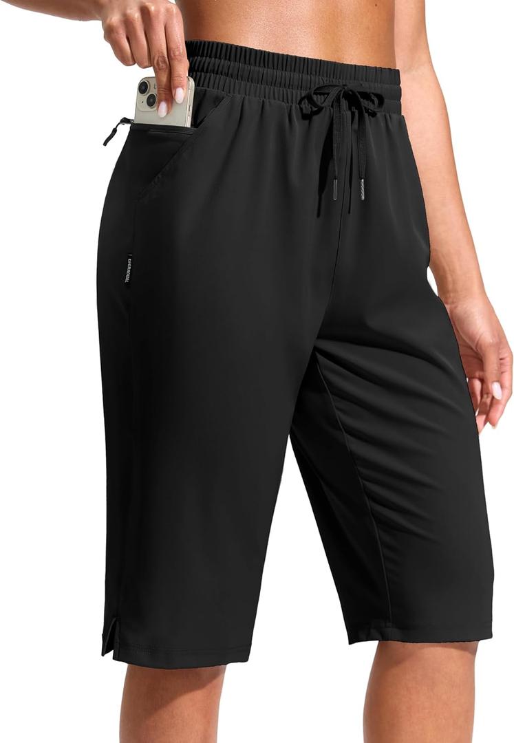 G Gradual Women's 13" Long Hiking Shorts with Zipper Pocket Lightweight Quick Dry Knee Length Bermuda Shorts for Women (Black)