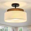 13" Double Drum 3-Light Semi Flush Mount Ceiling Light Fixture Farmhouse Fabric Chandelier with Linen Shade Rustic Black Ceiling Lamp for Bedroom Kitchen Dining Room Hallway Entryway