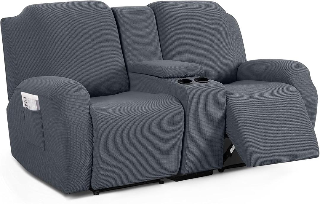 TAOCOCO Recliner Loveseat Cover with Middle Console Sofa slipcover, Stretch Reclining Sofa Covers for 2 Seat Reclining Couch, Jacquard Pattern Soft Loveseat Slipcover Furniture Protector, Grey (2 Seat with Console)
