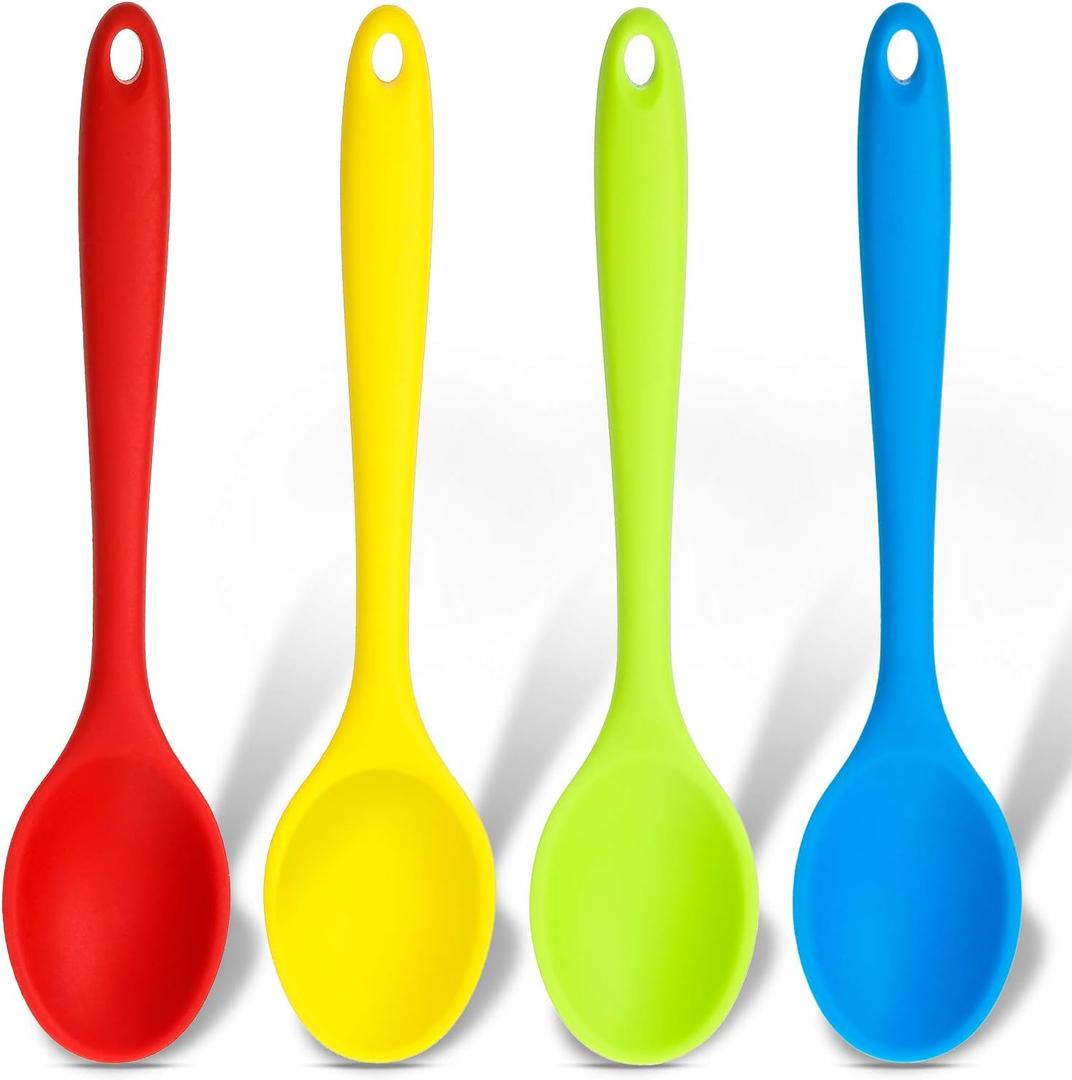 Patelai 4 Pieces Small Multicolored Silicone Spoons Silicone Serving Stirring Spoon for Kitchen Nonstick Cooking Baking Stirring Mixing Tools(Dark Red, Green, Yellow, Blue)